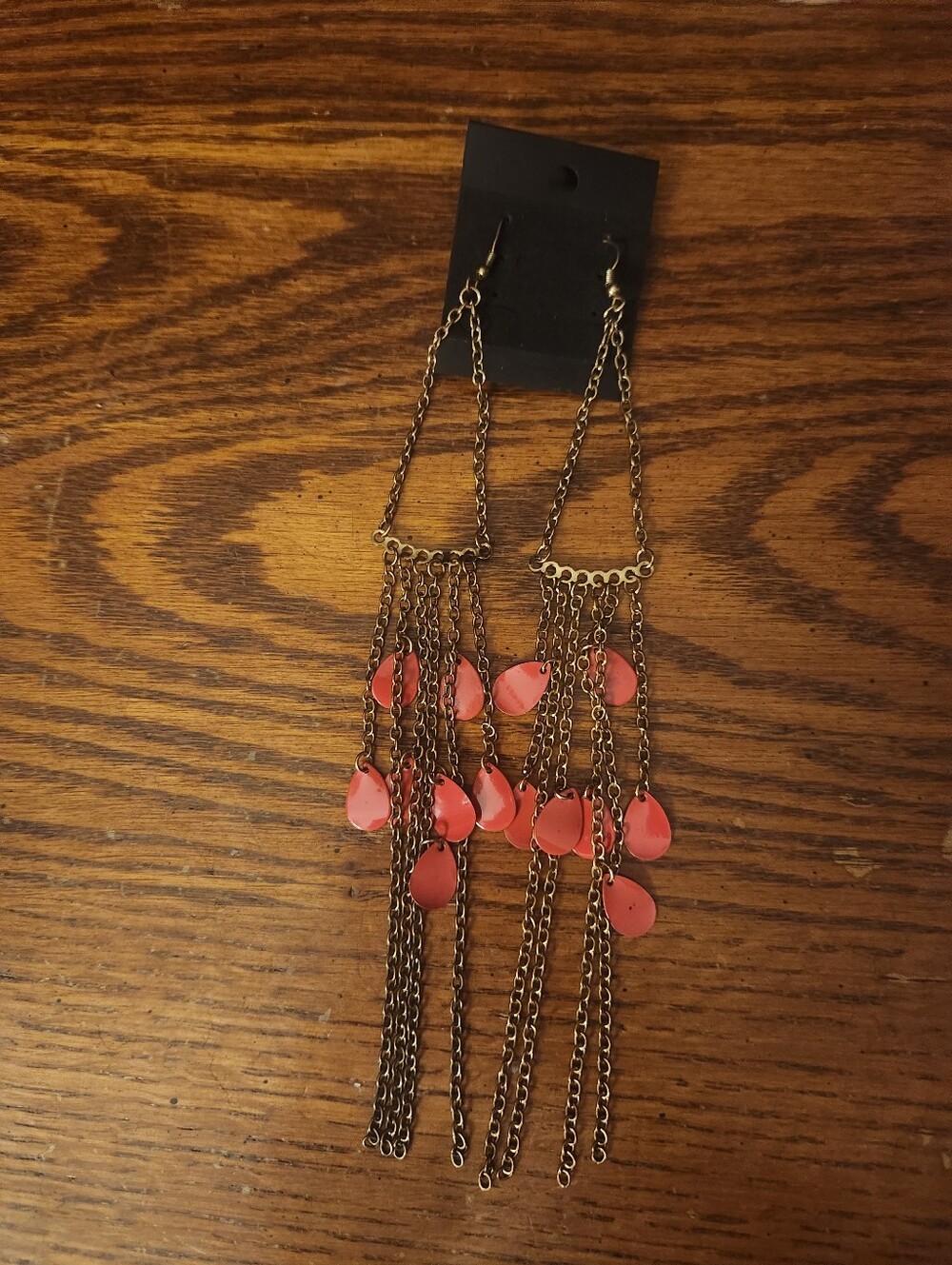 Source Unknown Coral Pink Teardrop Chain Fringe Earrings